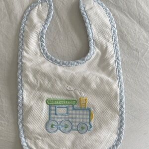 Blue and White Embroidered Train Baby Bib
